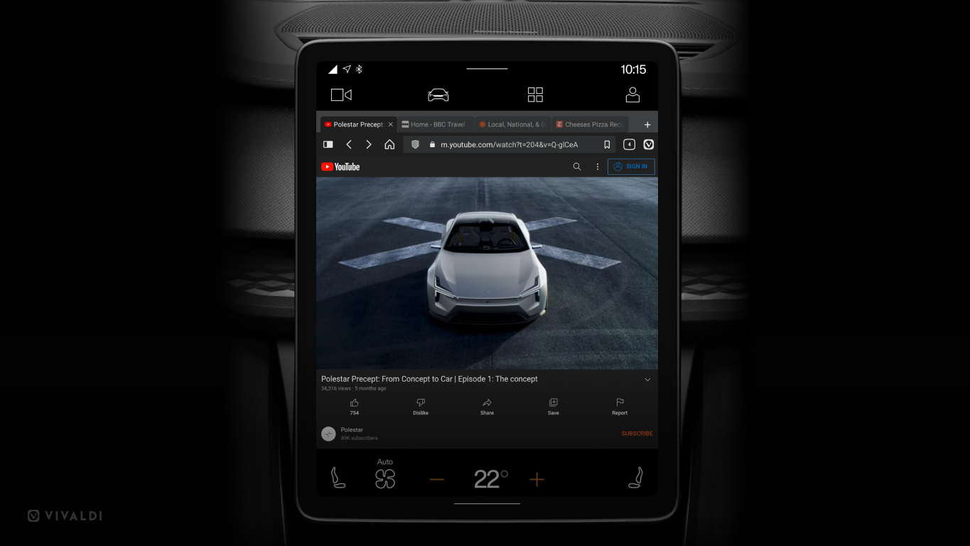 Для платформи Android Automotive у Polestar 2 з’явився перший сторонній браузер Vivaldi