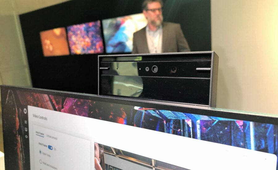HP has announced a monitor with a webcam that keeps the user in frame