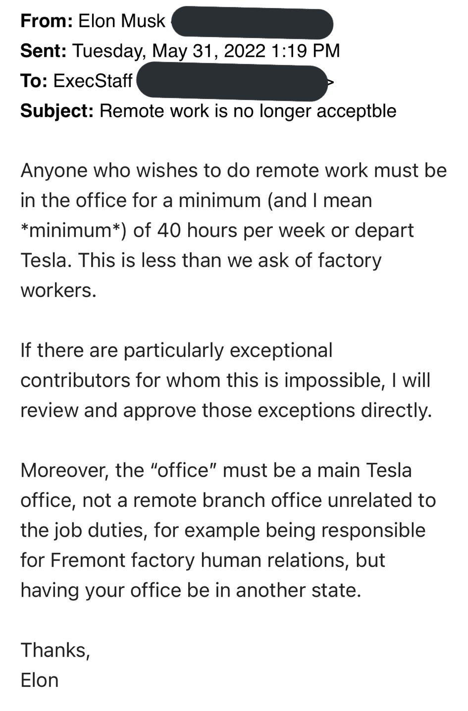 Ілон Маск до керівників у Tesla: ходіть в офіс або звільняйтеся