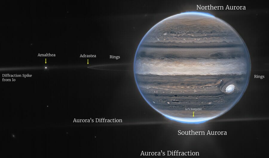 Телескоп Вебба сфотографував Юпітер: полярні сяйва, шторми та серпанки
