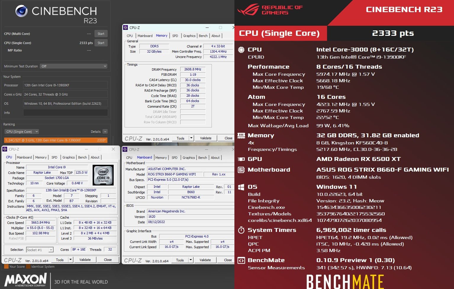 Intel Core i9-13900KF managed to overclock to 5.97 GHz on a mid-range motherboard
