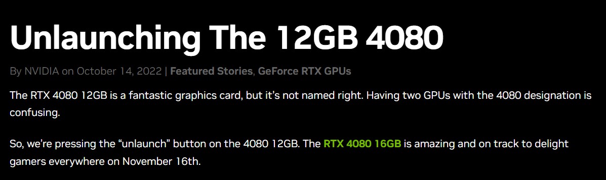 NVIDIA cancels GeForce RTX 4080 12GB release