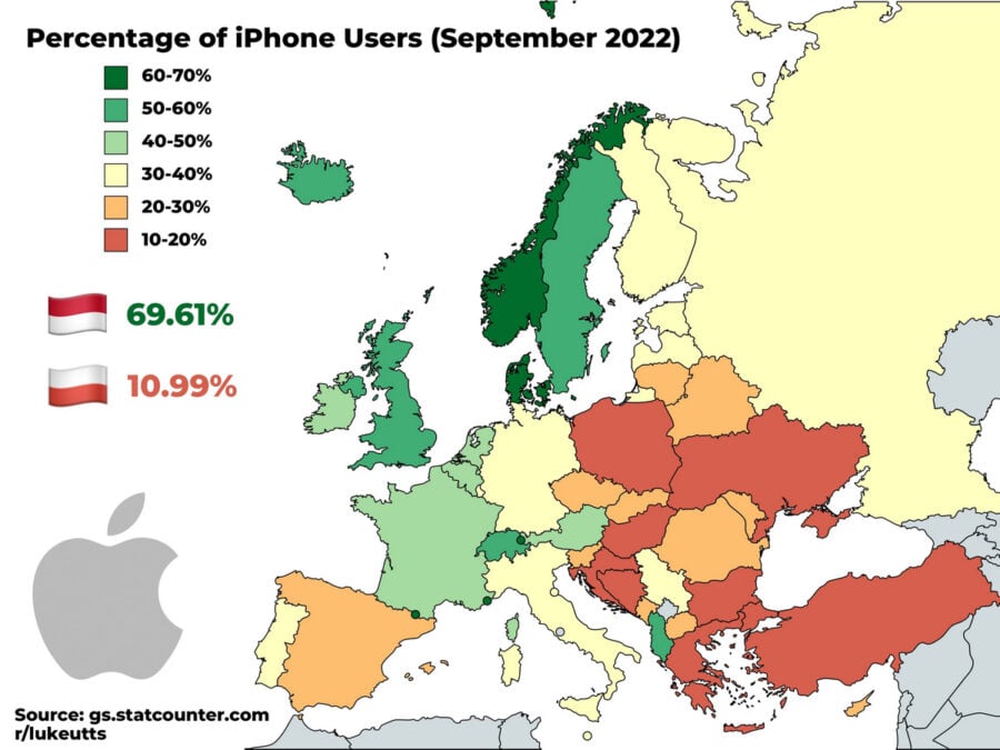 Відсоток користувачів iPhone у різних країнах Європи