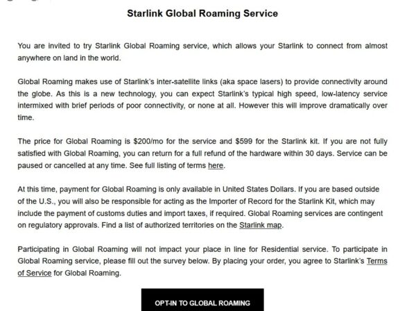 Starlink offers to try the global roaming service for $200/month