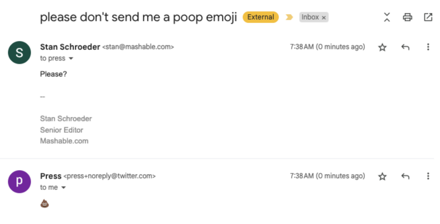 Twitter now automatically responds with poop emojis to media requests