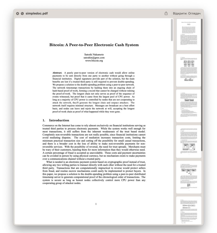 Bitcoin cryptocurrency whitepaper, written by Satoshi Nakamoto, found in the macOS operating system