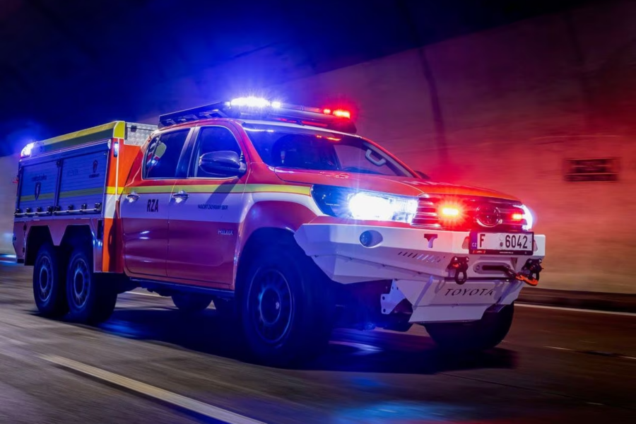 This six-wheeled Toyota Hilux fire engine is specially designed for extinguishing electric cars