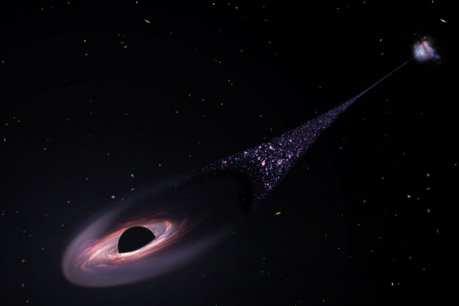 Телескоп Хаббл, можливо, виявив надмасивну чорну діру, яка лишає за собою шлейф із новонароджених зірок