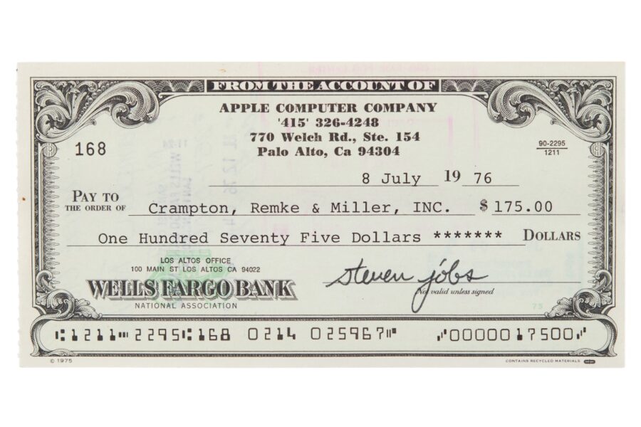 A $175 check from Apple Computer Company signed by Steve Jobs sold at auction for over $100,000