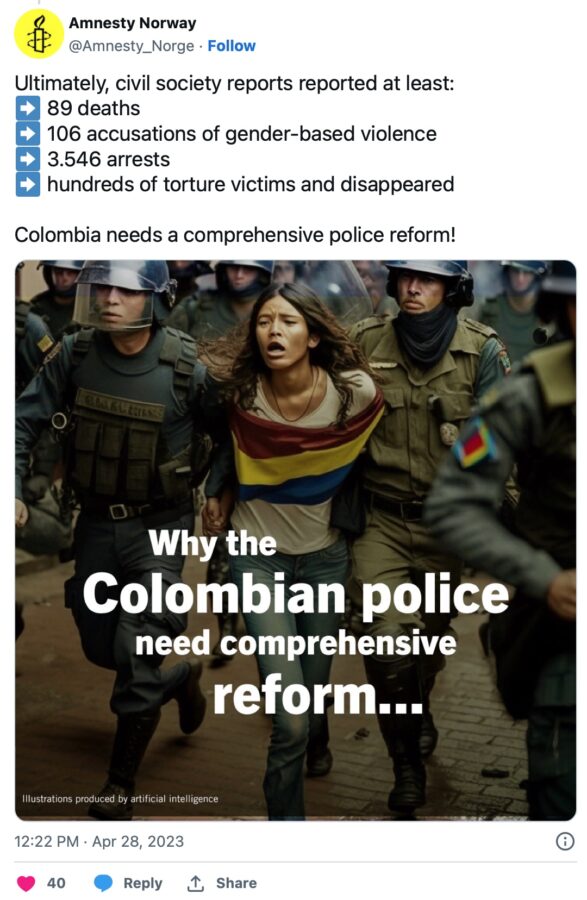 Amnesty International використала згенеровані ШІ зображення, щоб показати жорстокість поліції Колумбії під час протестів