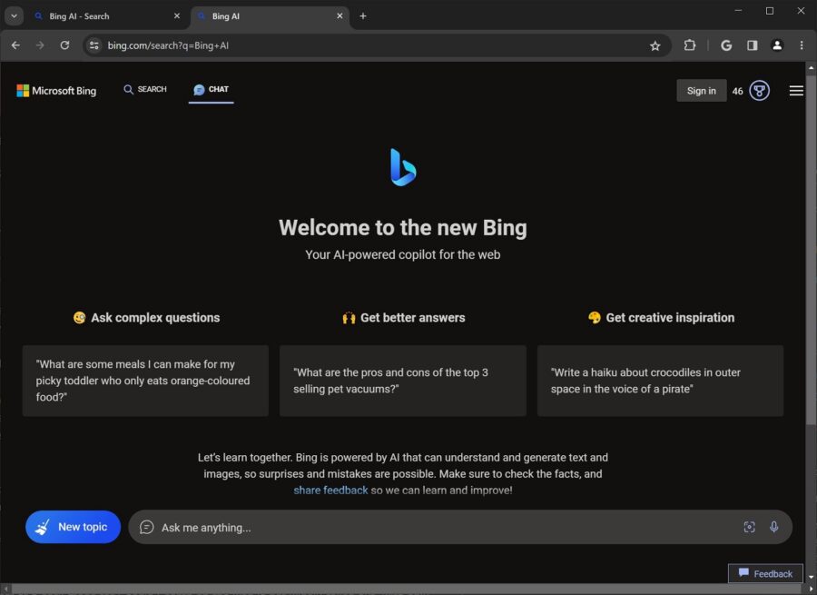 Bing Chat is starting to compete with Google Bard in Google Chrome and Apple Safari browsers