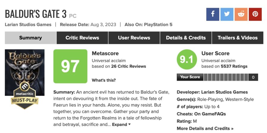 Baldur's Gate 3 has beaten The Legend of Zelda: Tears of the Kingdom, receiving a higher score based on reviews on Metacritic