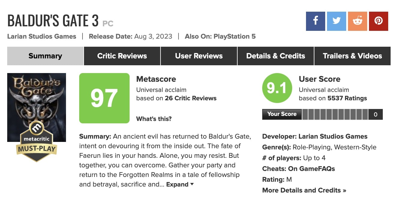 Metacritic - The Best-Reviewed PC Games of All Time:   #2 - Baldur's Gate 3 [97]