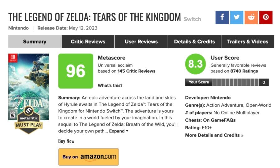Baldur's Gate 3 випередила The Legend of Zelda: Tears of the Kingdom, отримавши вищий бал на основі відгуків на Metacritic