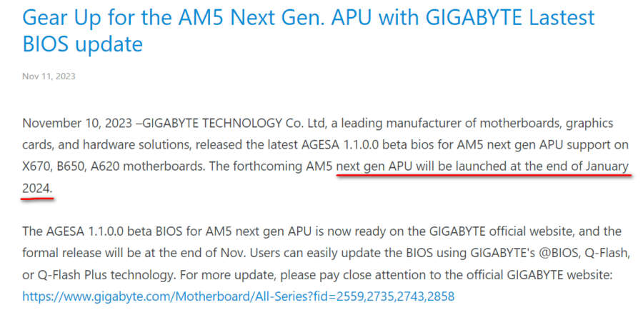 GIGABYTE reveals AMD Ryzen 8000G processors availability dates