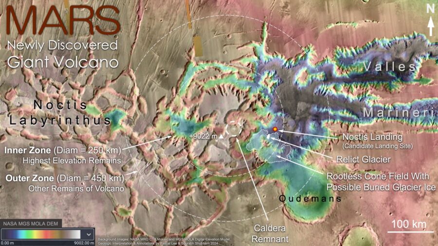 The remains of a giant volcano with a diameter of 450 km have been found on Mars. There is a possibility that life existed there