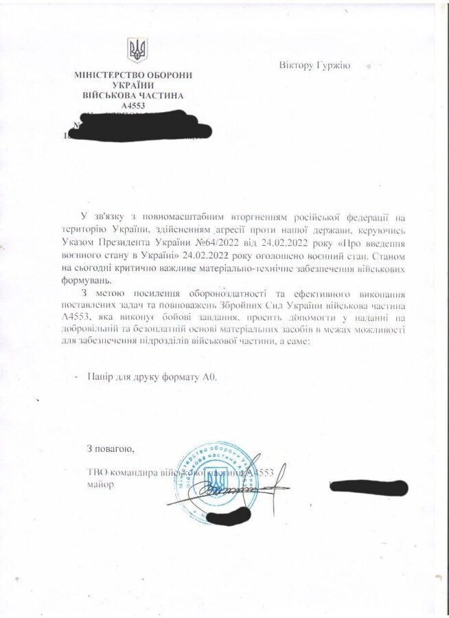 Збір закрито: на папір А0 для військової частини 4553 ЗСУ